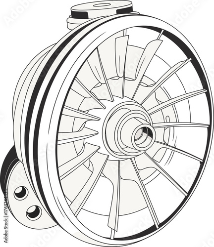 Centrifugal pump impeller, mechanical component drawing, industrial machinery vector, rotating equipment, engineering design, fluid dynamics, turbine part, technical illustration, machine 
