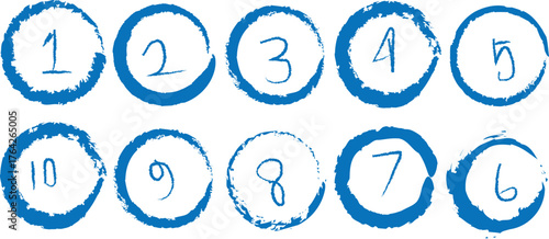 Blue Circle Numbers 1-10: Hand-Drawn Grunge Style, Counting, Educational Resource, Graphic Design Element, Isolated on White Background