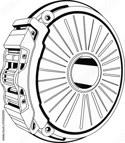 Disc brake drawing, clutch rotor vector, automotive component illustration, mechanical part sketch, industrial machinery design,