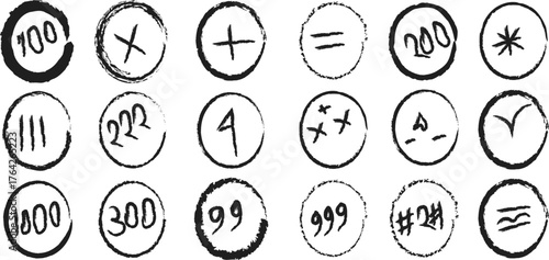 Hand-Drawn Math Symbols & Numbers: Grunge Style Vector Illustration of Addition, Subtraction, Multiplication, & Numerical Values in Circular Frames