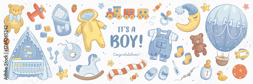 Hand drawn baby shower set. It's a boy. Vector illustration of cartoon toys and clothes for boy. Cute sketch elements for greeting card, poster, wallpaper decor and textile design