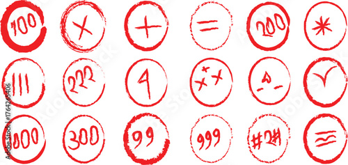 Red Stamp Math Symbols: 100, X, +, =, 200, *, 111, 222, 4, XX, A, V, 1000, 300, 99, 999, #21, and Equal Sign Circle Stamps