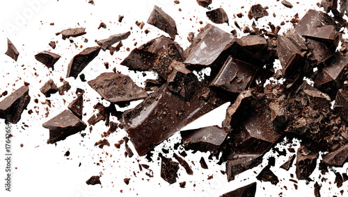 Broken dark chocolate pieces scattered