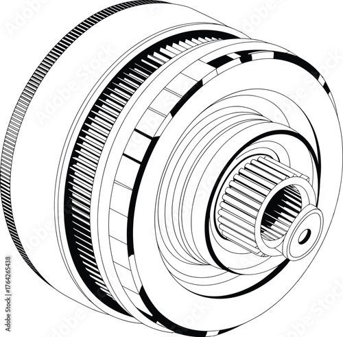 Gear assembly drawing, transmission system vector, mechanical component illustration, industrial machinery design, engineering CAD sketch, 