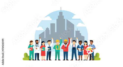 Diverse Group of Professionals Celebrating Together Under a City Skyline