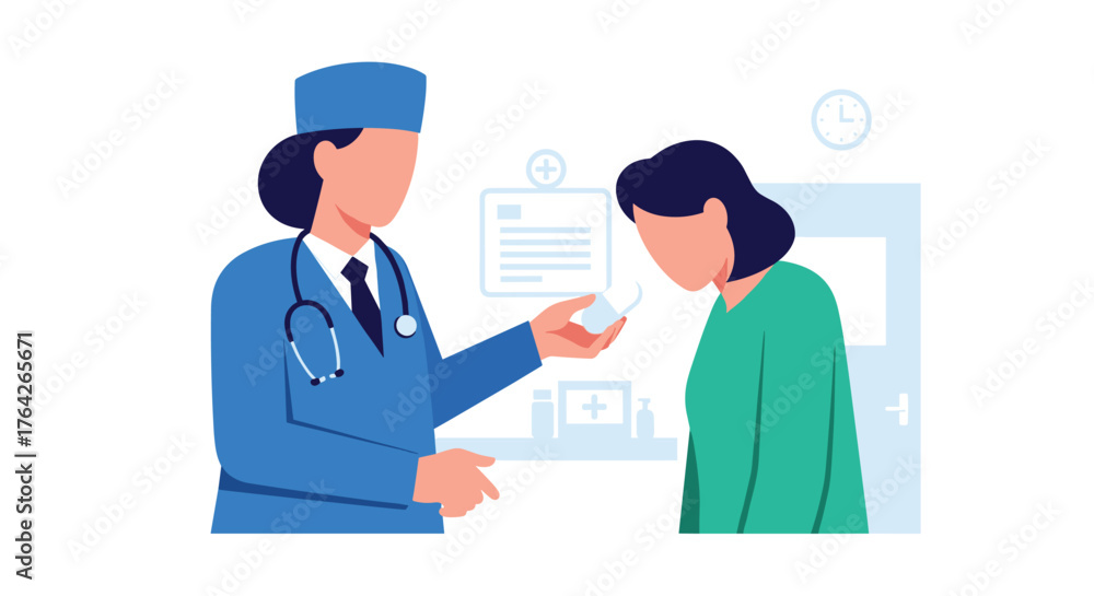 Obraz premium Doctor gives patient a small white pill during medical consultation in clinic examination room