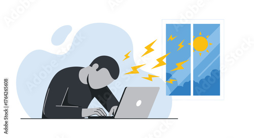 Struggling Worker Deals with Bright Sunlight Glare on Computer Screen