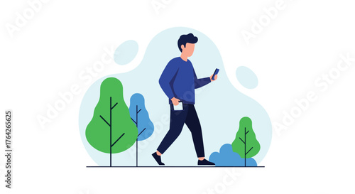 Man Walking Outdoors Using Smartphone Enjoying Nature Scenery Illustration