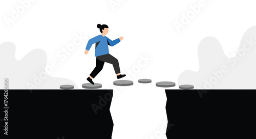 Person bravely crossing a wide chasm using stepping stones