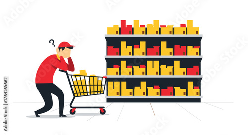 Confused Shopper Hesitates Before Stocked Shelves Full of Products