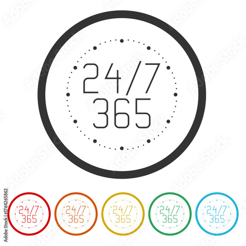 Business 24 7 hours and 365 days icon. Set icons in color circle buttons