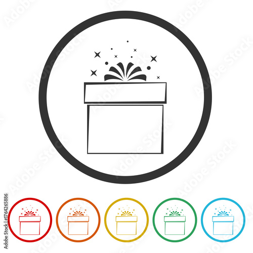 Gift box icon. Set icons in color circle buttons