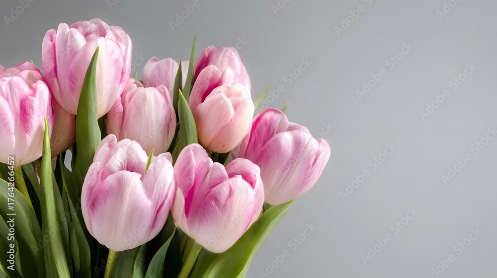 Fototapeta premium Bouquet of vibrant pink and white tulips stands against a plain light gray background