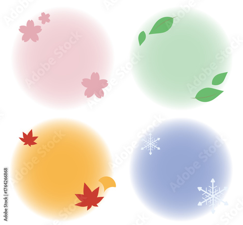 春夏秋冬の丸いフレーム素材　それぞれの季節のワンポイントイラスト付き