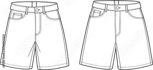 Shorts fashion sketch, technical drawing, garment design, clothing vector, apparel illustration, cuffed shorts, waistband detail, pocket design, pleated style, fashion template