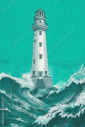 Illustrative lighthouse with turbulent ocean waves bright teal background maritime navigation coastal beacon art vintage weather stormy sea guide safety tranquil 