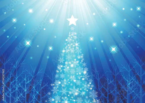 森の中のクリスマスツリー、背景、イラスト、青、横、かわいい、集中線