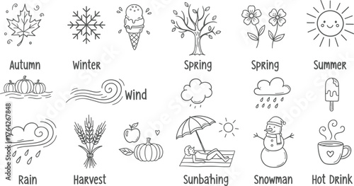 Hand-Drawn Doodle Icon Set of Four Seasons, Weather, and Holidays