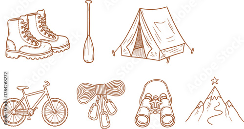 Hand-Drawn Rustic Outdoor Adventure and Camping Gear Icon Set