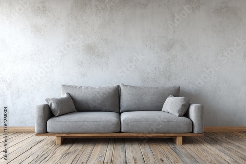 Wallpaper Mural Gray sofa rests on a wooden base against a textured concrete wall. Torontodigital.ca