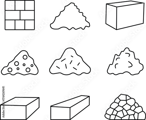 Rock Icon set, Stone, Mountain, Boulder, Mineral, Geology, Nature, Landscape, Hard Surface, Cliff, Earth Element, and Outdoor Environment Symbols in Modern Flat Vector charcoal pile nugget pieces