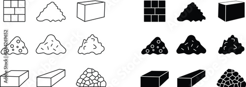 Rock Icon set, Stone, Mountain, Boulder, Mineral, Geology, Nature, Landscape, Hard Surface, Cliff, Earth Element, and Outdoor Environment Symbols in Modern Flat Vector charcoal pile nugget pieces