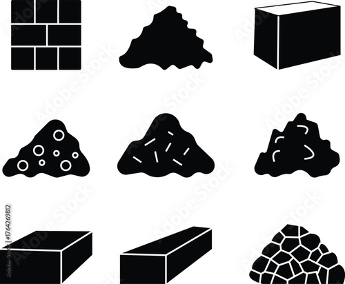 Rock Icon set, Stone, Mountain, Boulder, Mineral, Geology, Nature, Landscape, Hard Surface, Cliff, Earth Element, and Outdoor Environment Symbols in Modern Flat Vector charcoal pile nugget pieces