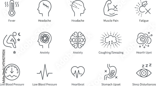 Line Art Medical Symptoms and Health Conditions Icon Set