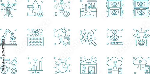 Line Art Smart Farming and AgriTech Icon Set for Digital Agriculture