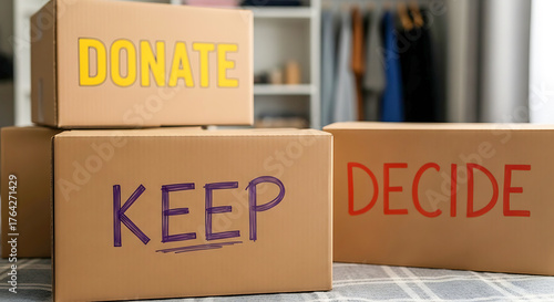 Cardboard boxes labeled Donate Keep Decide sorting