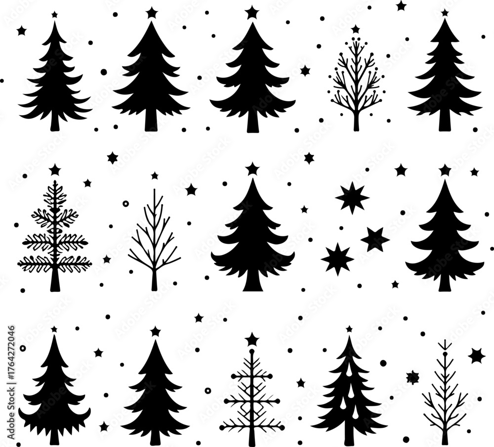 Obraz premium Decorative Christmas Pine Trees with Gifts and Snowflakes Silhouette Bundle