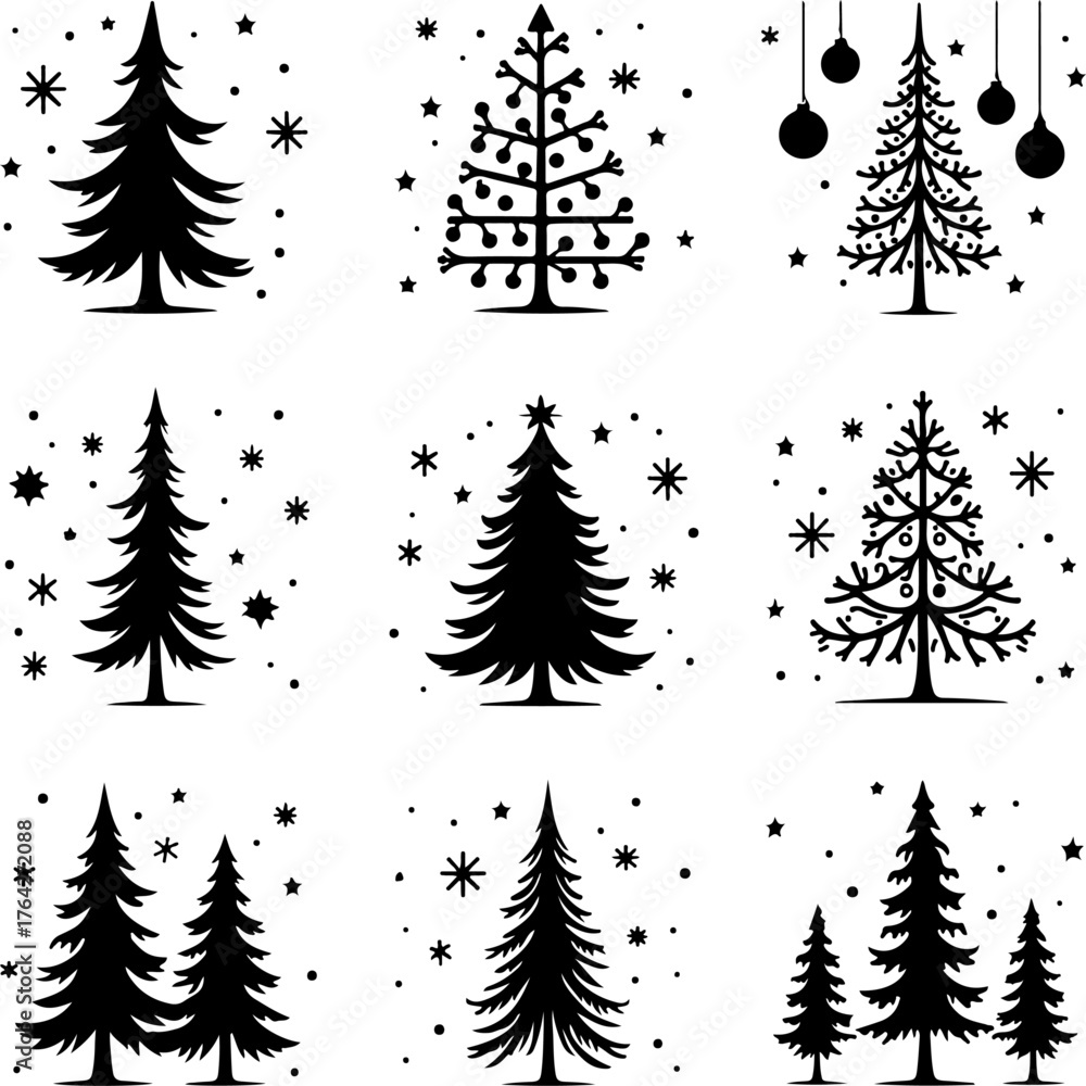 Fototapeta premium Decorative Christmas Pine Trees with Gifts and Snowflakes Silhouette Bundle