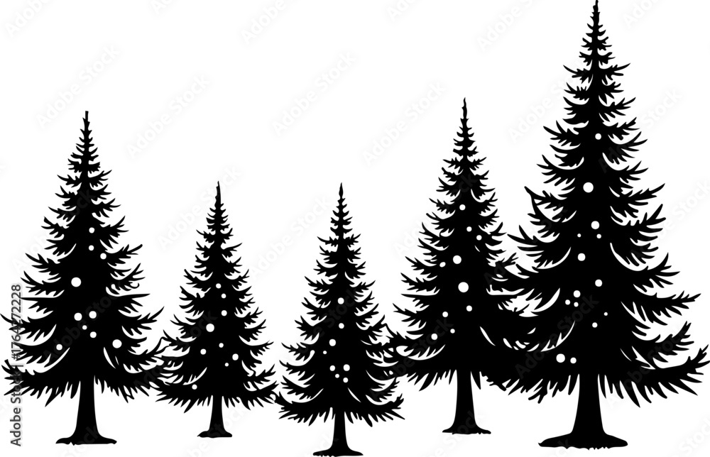 Fototapeta premium Decorative Christmas Pine Trees with Gifts and Snowflakes Silhouette Bundle