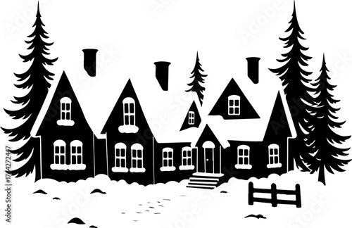 Snowy Winter Cabins House with Pine Trees Silhouette