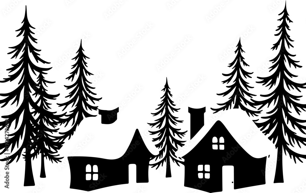 Fototapeta premium Snowy Winter Cabins House with Pine Trees Silhouette