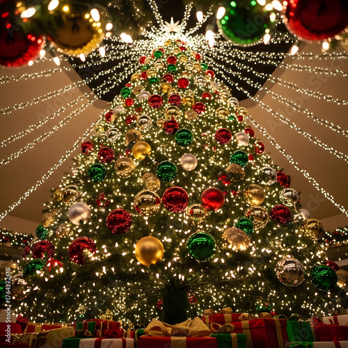 Decorated Christmas Tree with Lights and Gifts Holiday Season