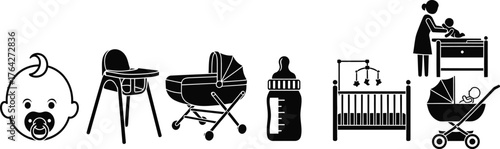 Baby newborn infant child care crib stroller bottle highchair icons