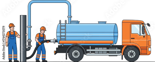 Septic truck pumping service workers pumping truck septic tank system
