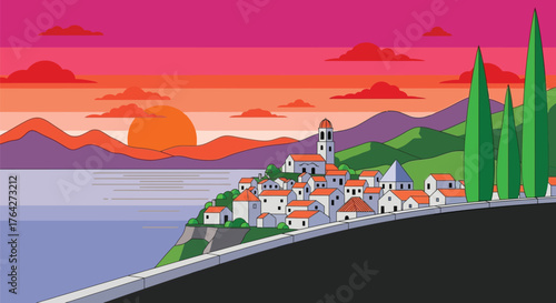 Sunset seascape cityscape town mediterranean sea view vector art