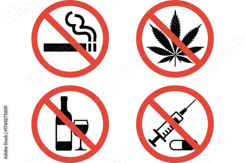 Vector art of no smoking, alcohol, drugs, and marijuana signs