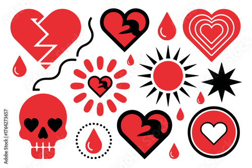 Vector art of collection of red heart and skull tattoo style elements isolated on white
