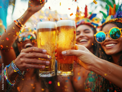 A vibrant group of friends enjoys a lively outdoor celebration. They cheer with chilled beer in hand, adorned in colorful costumes and surrounded by confetti, embodying joy and unity.