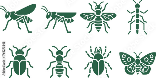 Minimalist Monochrome Green Insect and Bug Silhouette Icon Set