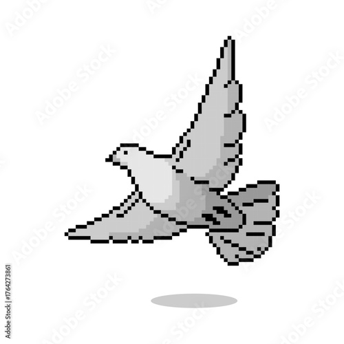 Pixel art of flying dove. Pixelated dove peaceful icon symbol.