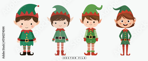 Four adorable christmas elves with pointy hats and festive clothing