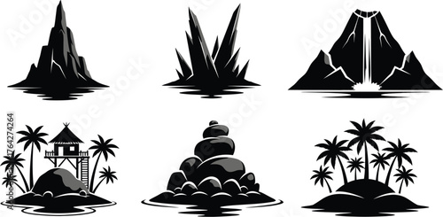 Island volcano mountain palm tree rock stone black vector graphics