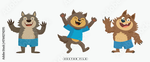 Three cartoon werewolves cheerfully posing with raised paws and smiling faces