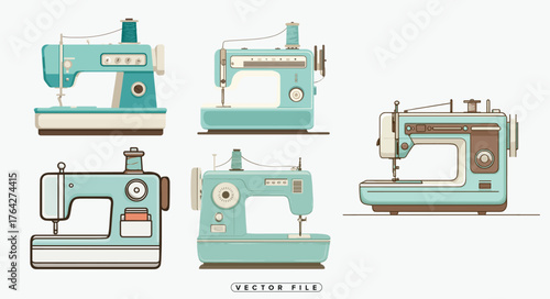 Vintage sewing machines in multiple views a colorful illustration collection