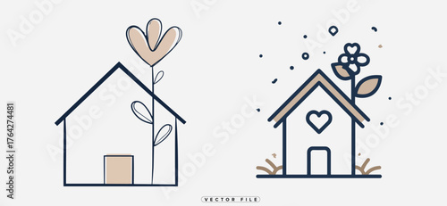 Simple house and floral designs with delicate lines and neutral tones
