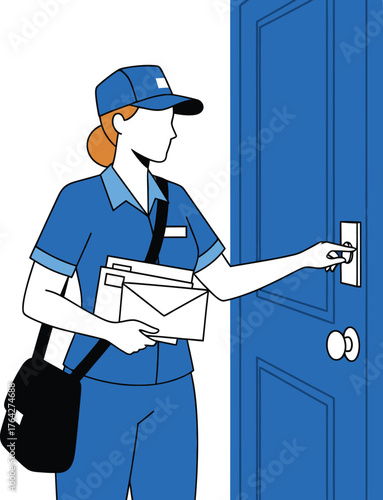 Mail carrier delivery service postwoman delivering mail at door job